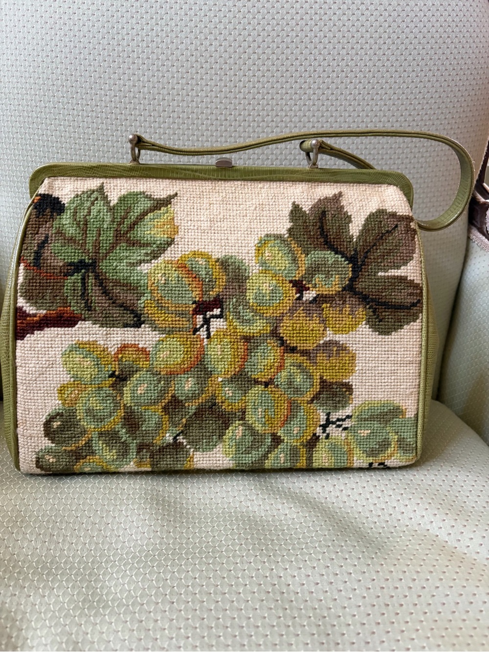 Isabella Fiore Green Tapestry Shoulder Bag with Grape Motif